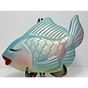 Vtg Fish Blue Green Pink Pearlized Chalk Ware Miller Studios Wall Decor Red Lips